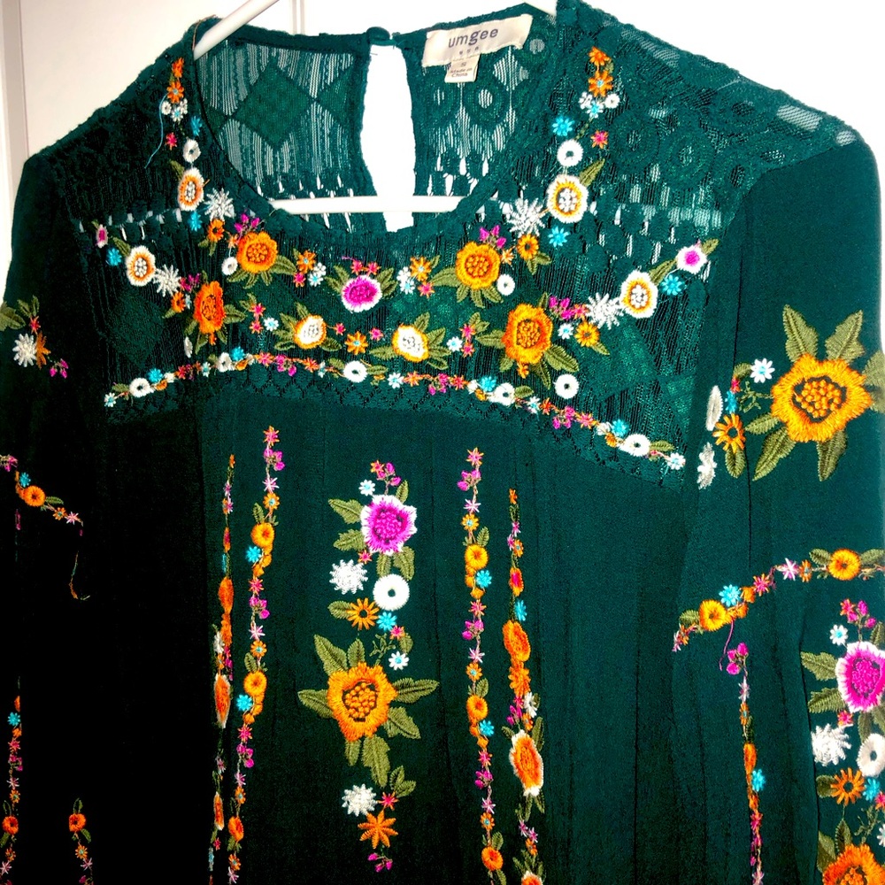Teal green embroidered long sleeve dress